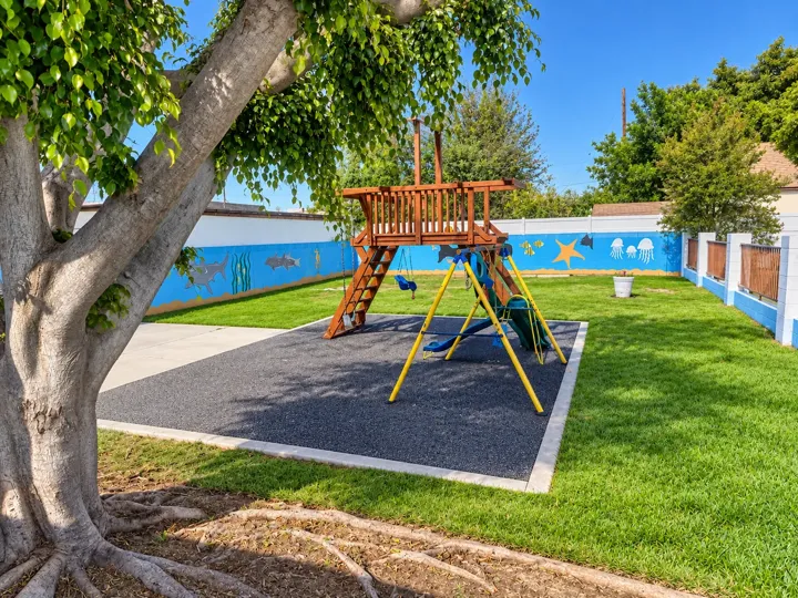 Church playground with grass lawn and a large shade tree beside the play structure