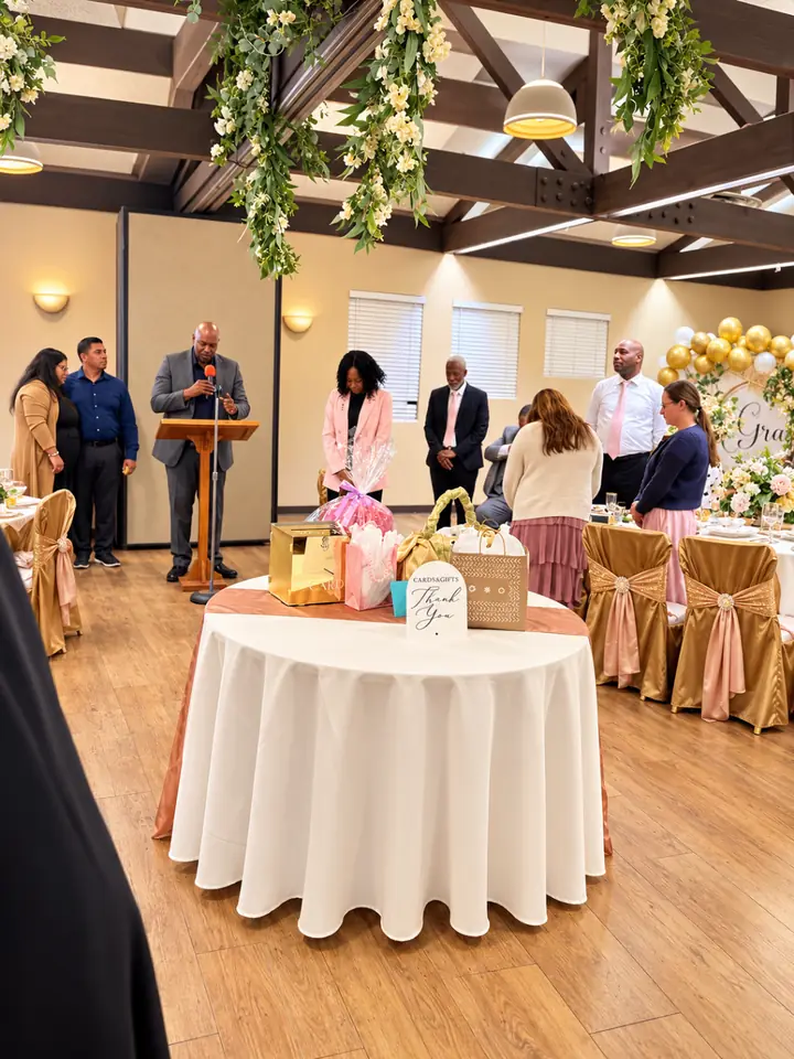 Speaker at a wooden podium during a banquet program with guests standing nearby