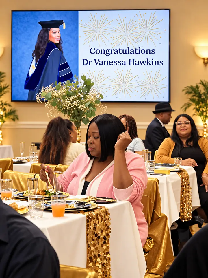 Guests dining while a large wall screen displays a celebration slide