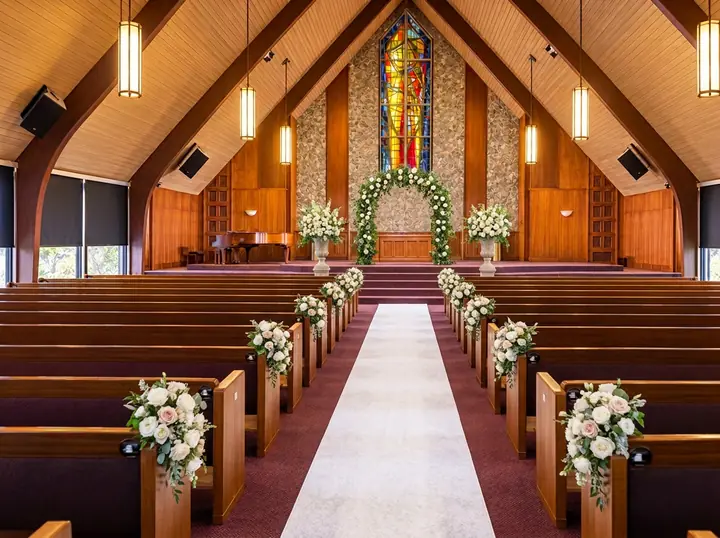 Sanctuary at Norwalk Events decorated for a wedding with a center aisle