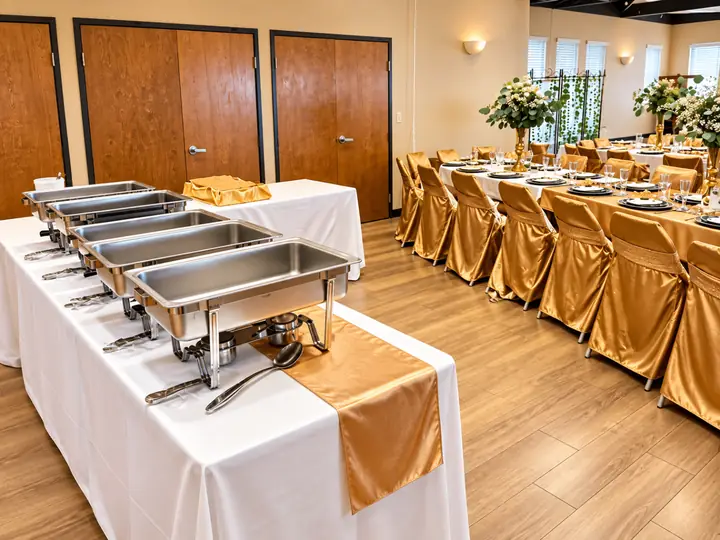 Buffet table with stainless chafing dishes beside gold-draped banquet seating