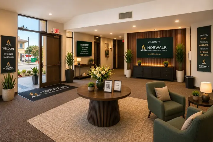 Lobby and guest arrival area at the Norwalk campus