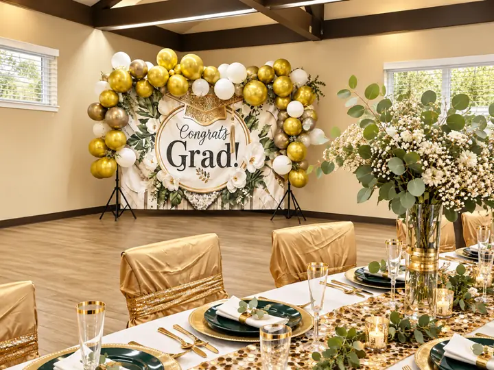 Gold and white balloon backdrop next to a decorated banquet table in the fellowship hall