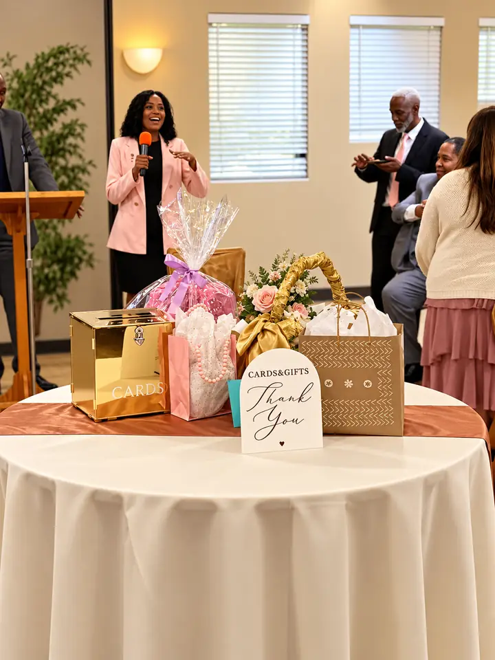 Cards and gifts table with a speaker addressing guests in the fellowship hall