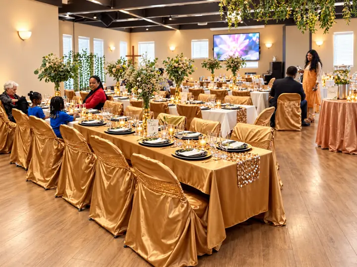 Guests seated at long banquet tables with gold linens and floral centerpieces in the fellowship hall
