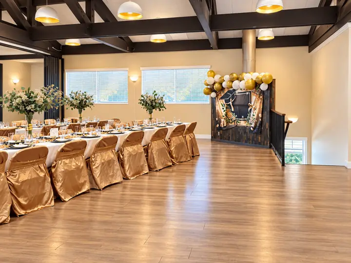 Open floor in front of a decorated backdrop in the fellowship hall