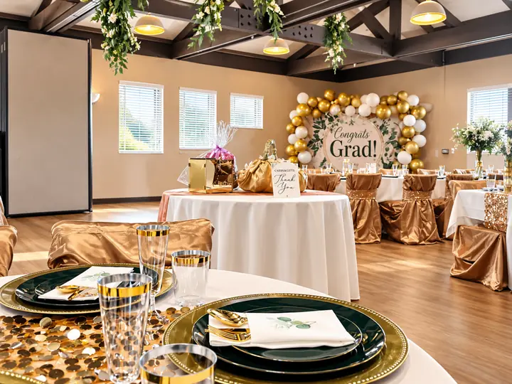Close view of a gold and green place setting with a balloon celebration backdrop in the background