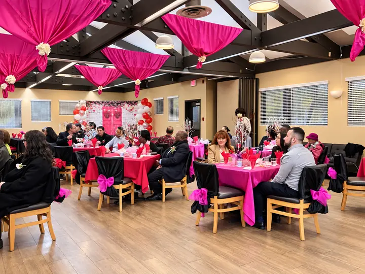 Fellowship hall set with round banquet tables